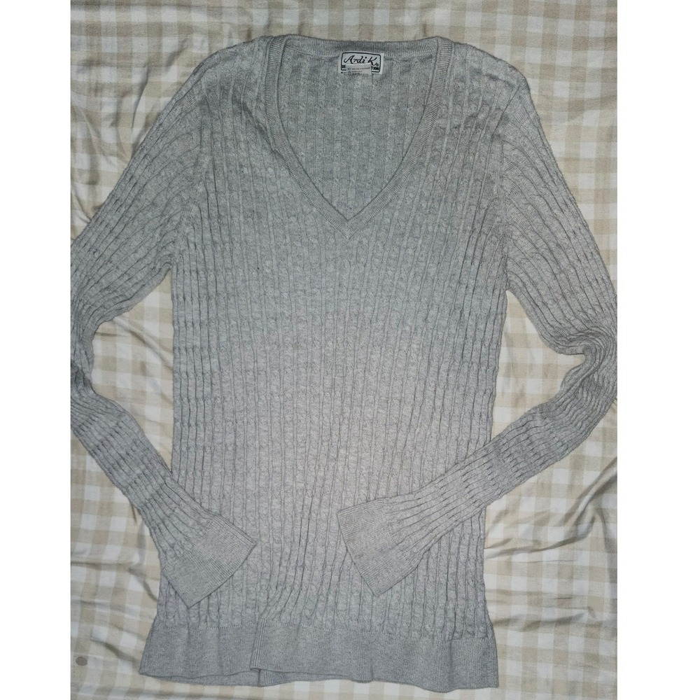 Ardi K Designer Collection Grey Cable Knit V-Neck 100% Pima‎ Cotton Sweater XL